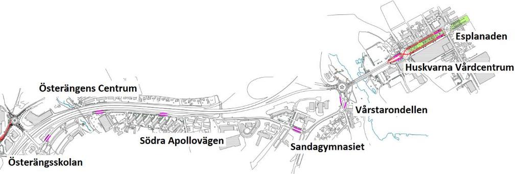 38 3.7 Elmia Huskvarna Elmia - Vårstarondellen På sträckan mellan Elmia och Vårstarondellen håller busstrafiken idag relativt hög medelhastighet och därför bedöms det initialt vara acceptabelt att