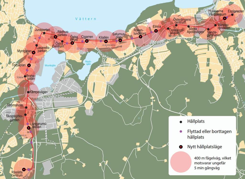 40 4. Hållplatser En BRT-linje bör ha ett hållplatsavstånd på 500 800 m inom tätbebyggt område. Att reducera antalet hållplatser medför såväl kortare restider som förbättrad pålitlighet.