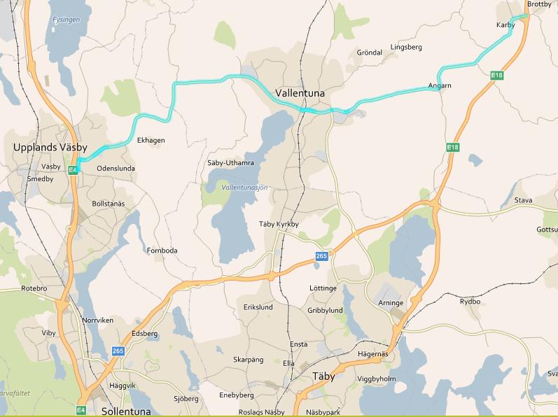 På väg 268 är högsta tillåtna hastighet 50 km/h genom rondellen. Vägen ansluter till E4 i Upplands Väsby i väster och E18 i öster (Figur 2).