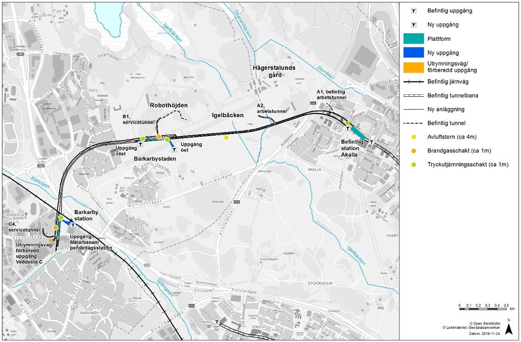 FIGUR 6. TUNNELBANANS STRÄCKNING MED SCHAKT FÖR AVLUFTNING, BRANDGAS OCH TRYCKUTJÄMNING.
