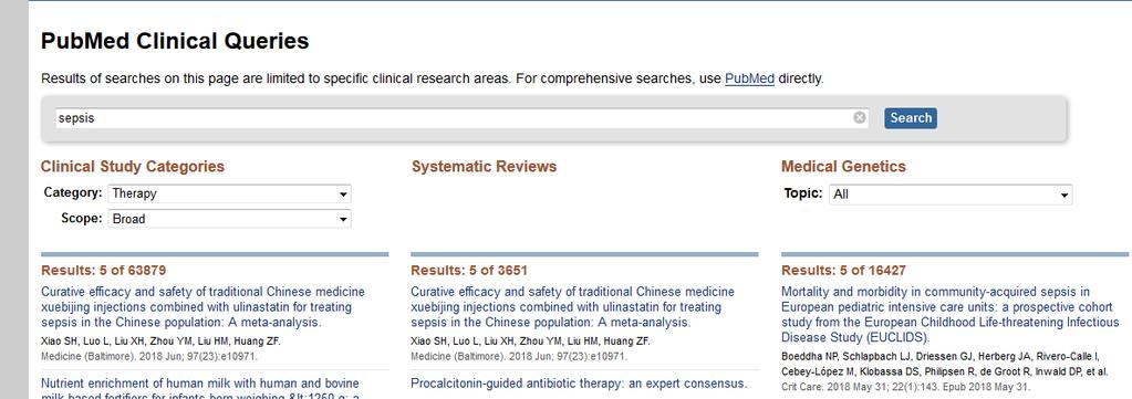 Clinical queries A search interface to find citations in the areas of: Clinical Study Categories: Find citations corresponding to a specific clinical study category.