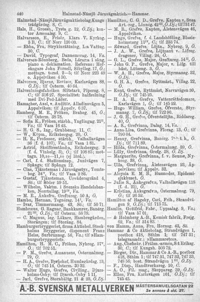 440 Halmstad-NäSSjÖ Järnvägs~ktieb.-Hammar. Halmstad-NässjöJärnvägsaktiebolag,Kungs Hamilton, C. G. D. Grefve, Kapten v. Svea trädgårdsg. 8, O.. Aru-reg., Linneg. 42 1I1,O.Dj.; tlf73147. Hals, H.