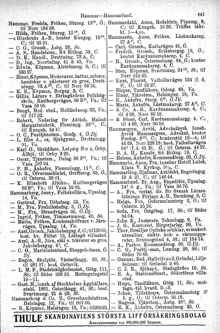 .. Hammar-e-Hammarlund. 441 Hammar, Fredda, Fröken, Stureg. 131v, O.; Hammardahl, Anna, Redaktris. Pipersg. 9,, tlf Norr 19438.. C.; tlf Kungsh, 1026. 'Träffas säkr. _ Hilda, Fröken, Stureg. 13 IV, O.