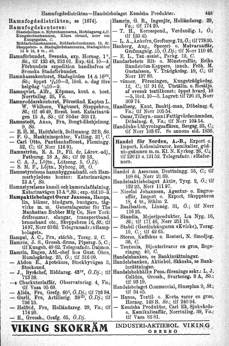 Hamnfogdedistrikten-Handelsbolsget Kemiska Produkter. ' 443' Bamnfogdedistrikten, se [1674J. Hamrin, G. B., Ingenjör; Holländateg. 29, Ham n fog de ko n to r en: Va.; tlf 17420..' Blasieholma- o.