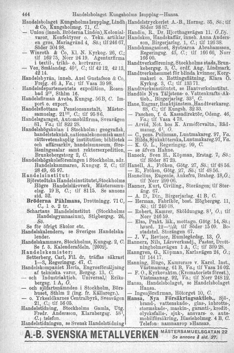 '444 Handelsbolaget Kungsholms Isupplag-Hansa. Handelsbolaget KungsholmsIsupplag,Lindh Handelstryckeriet A. B., Hornsg. 35, Bä.; tlf. & Co, Kungsholmsg. 71, a. Söder. 9887.