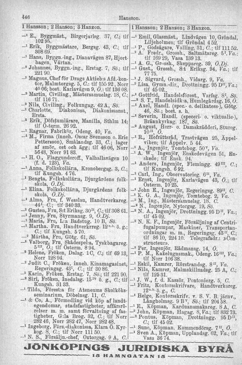 ~46 Hansson. 1 Hansson; ~ I~nson; 3 Hll,n,_ z_o_n_. 1 Hansson; 2 Hanson; 3 Hanzon., -' E., Byggmäst., Birgerjarlsg. 37, C.; tlf _1 Emil, Glasmäst., Lindvägen 10, Gröndal, 10291i.