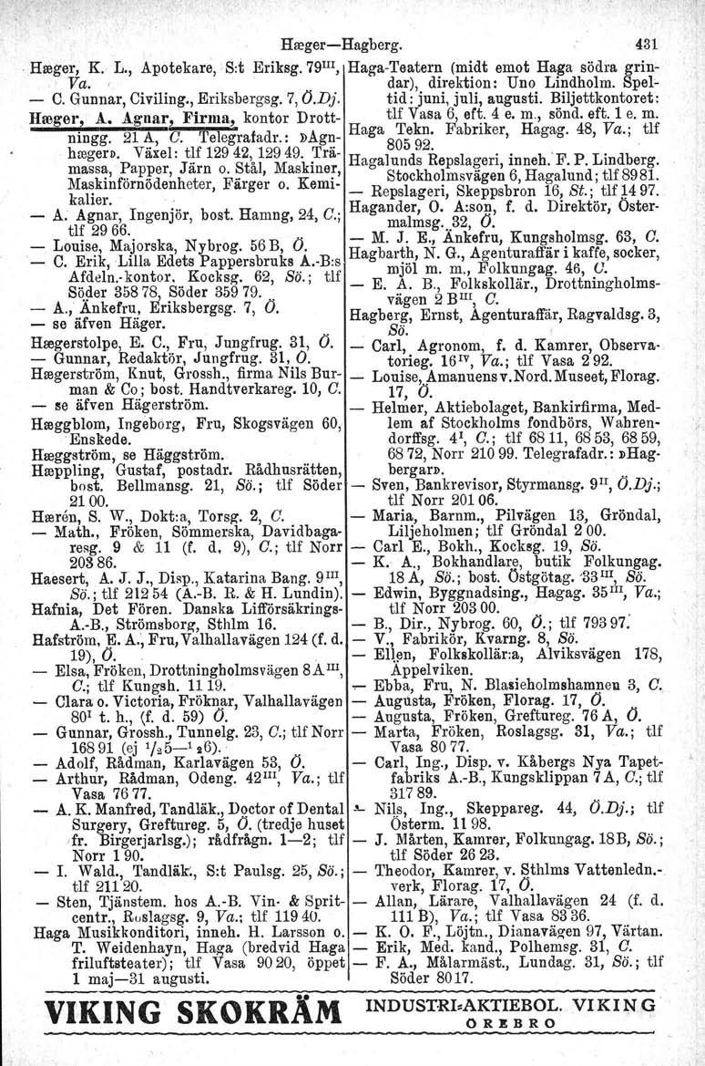 Hreger-Hagberg. 431 Hreger, K. L., Apotekare,S:t Eriksg.79 III, Haga-Teatern (midt emot Haga södra grin- Va.. dar), direktion: Uno Lindholm. Spel- - C. Gunnar, Civiling., Eriksbergsg. 7, O.Dj.