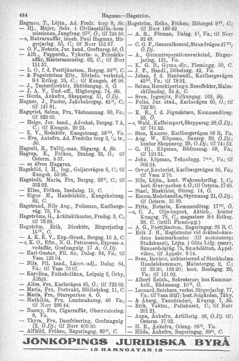 484 Hagman-Hagström. Hagman, T., Löjtn., Ad. Fredr, torg 8, Bä. Hagström. Erika,Fröken, Hötorget 9IV, C.; - Hj., Major, Sekr. i Civilanställu-kom- tlf.norr 16642. missionen, Jungfrus. 37 II, O.