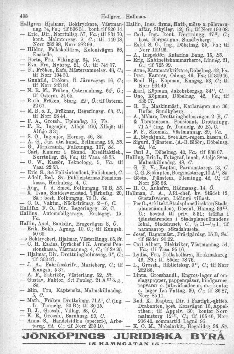 438 Hallgren-s-Hallmsn. Hallgren Hjalmar, Boktryckare, Västman- Hallin, Inez, firma, Hatt-, möss- o. pälsvarunag. 74, Va.; tlf 80631, kont. tlf 82014. affär, Sibylleg. 12; O.; tlfnorr 192 08.