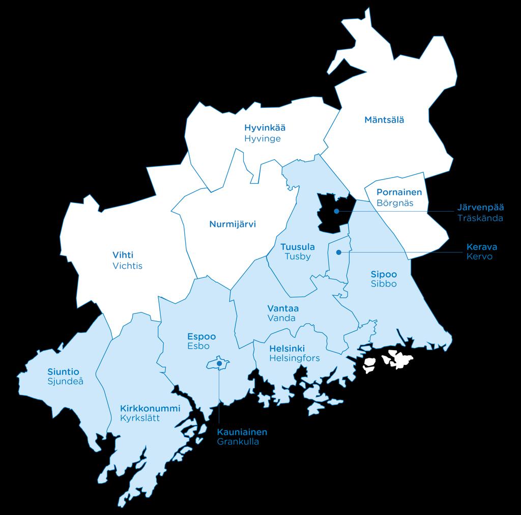 HRT:s samarbetsområde 7 kommuner: Helsingfors, Esbo, Grankulla, Vanda, Kervo, Kyrkslätt, Sibbo. 1.