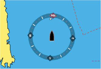 Kompasslager Du kan välja att visa en kompass kring båten på sjökortet på plotterpanelen. Kompassen visas inte när en markör är aktiv på panelen.