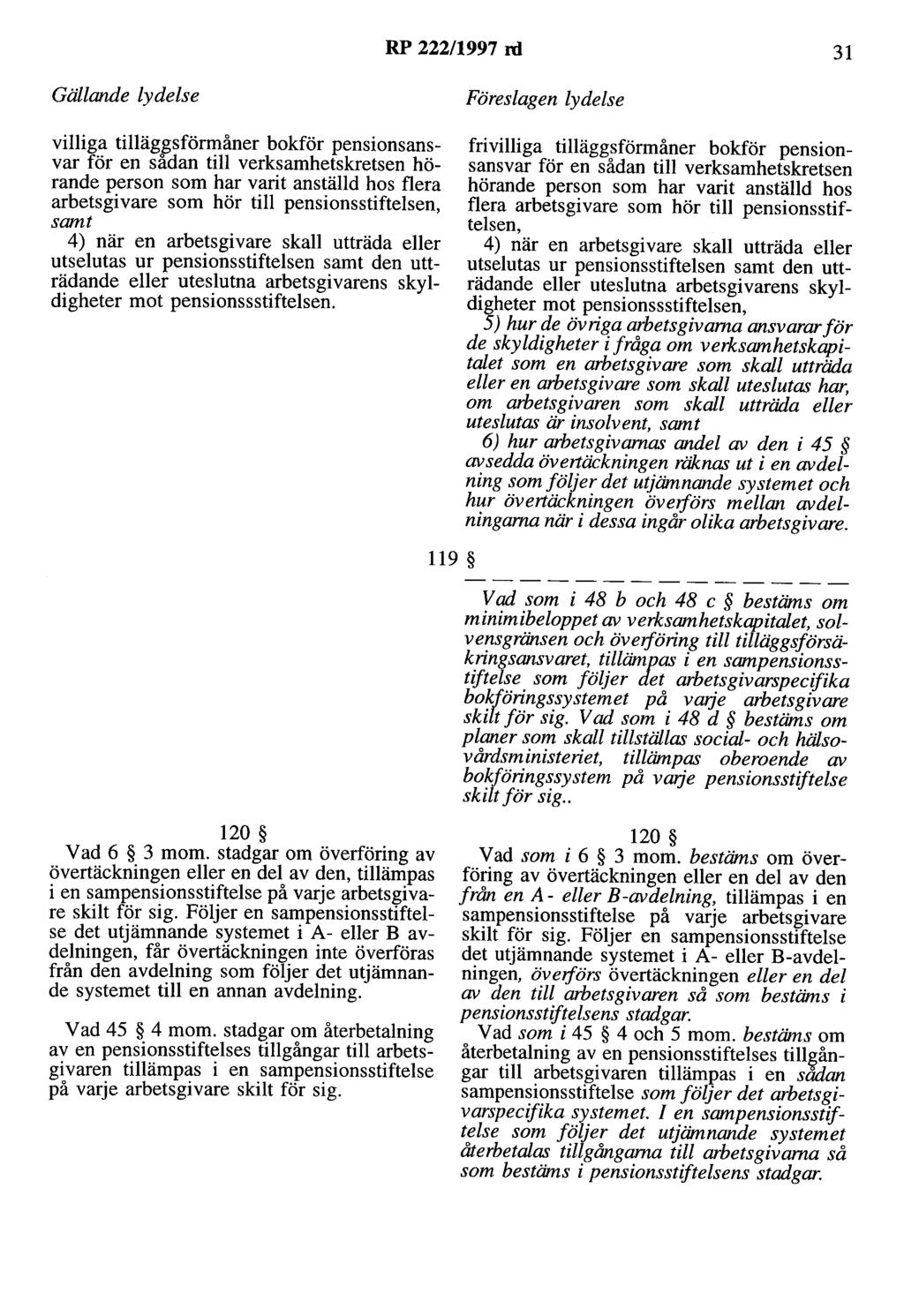 RP 222/1997 rd 31 Gällande lydelse Föreslagen lydelse villiga tilläggsförmåner bokför pensionsansvar för en sådan till verksamhetskretsen hörande person som har varit anställd hos flera arbetsgivare