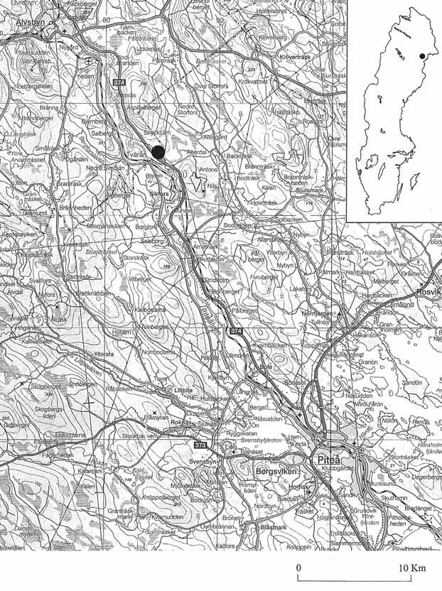 Fig. 1 Undersökningsområde N om Sikfors markerat med rund fylld cirkel.