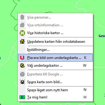 16 Kartfunktionen i Disgen 2016, Studiehandledning Del 2 Panelen för placering av kartbilder Aktivera panelen genom att högerklicka i kartfönstret och välj Placera bild som underlagskarta.