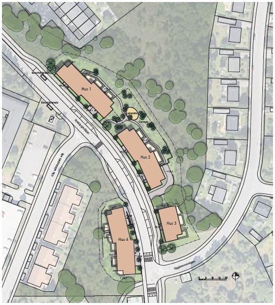 Sida 7 (14) Samrådsförslag Illustrationsplan. Den föreslagna bebyggelsen placerad längs Bredängsvägen med entréer mot gatan och gemensamma gårdsytor på dess baksidor.