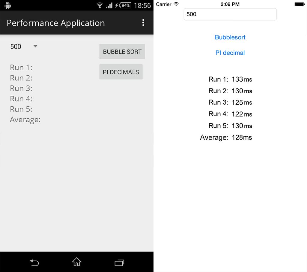 Metod och genomförande Figur 4: Android- och ios-applikation för prestandamätningar.