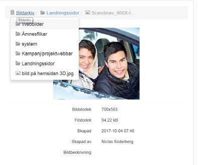 Verktygslisten 2 Ladda upp bild För att ladda upp en bild markerar du en mapp i strukturen där du vill spara bilden och klickar sedan på Ladda upp bild.
