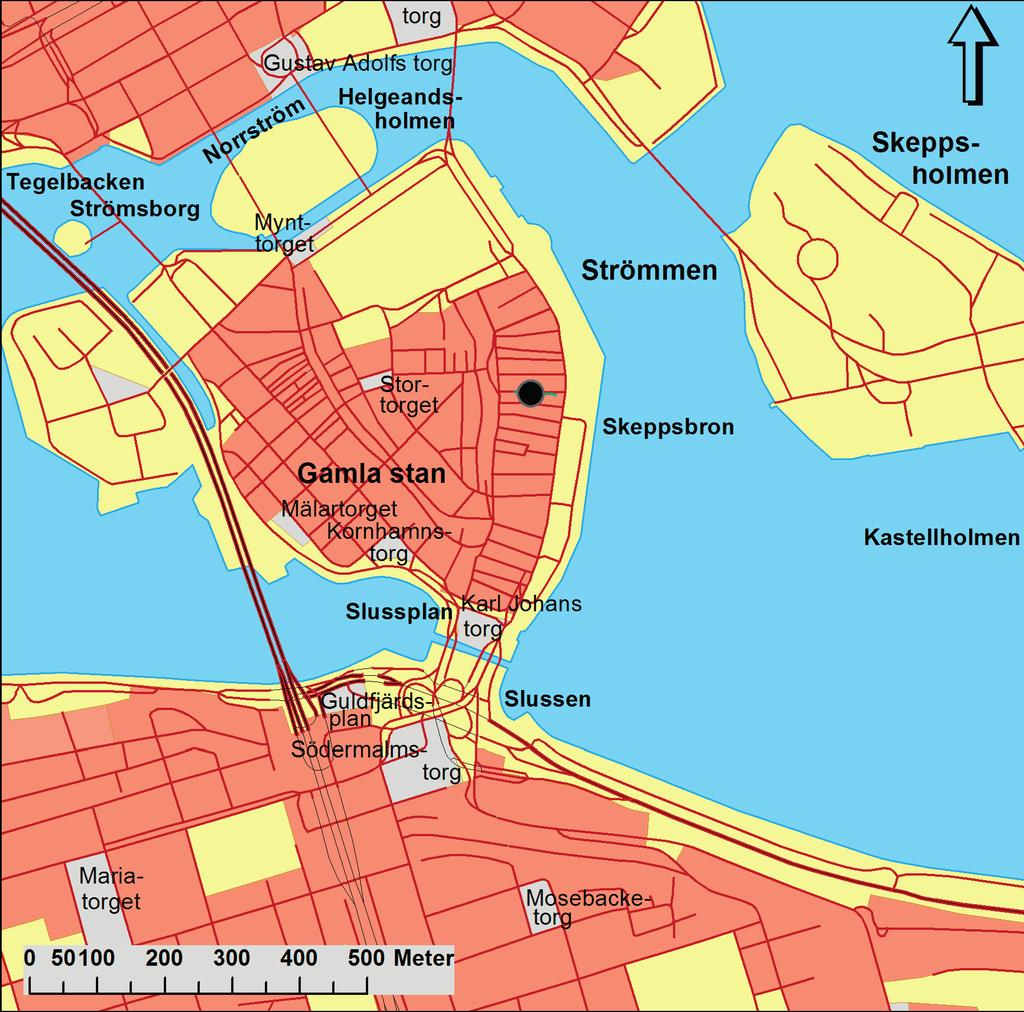 Schaktat i Skottgränd Figur 3. Fastighetskarta med undersökningsplatsen markerad med en svart prick. Skala 1:10 000 Bakgrund Skottgränd är en av de gränder som förbinder Österlånggatan och Skeppsbron.