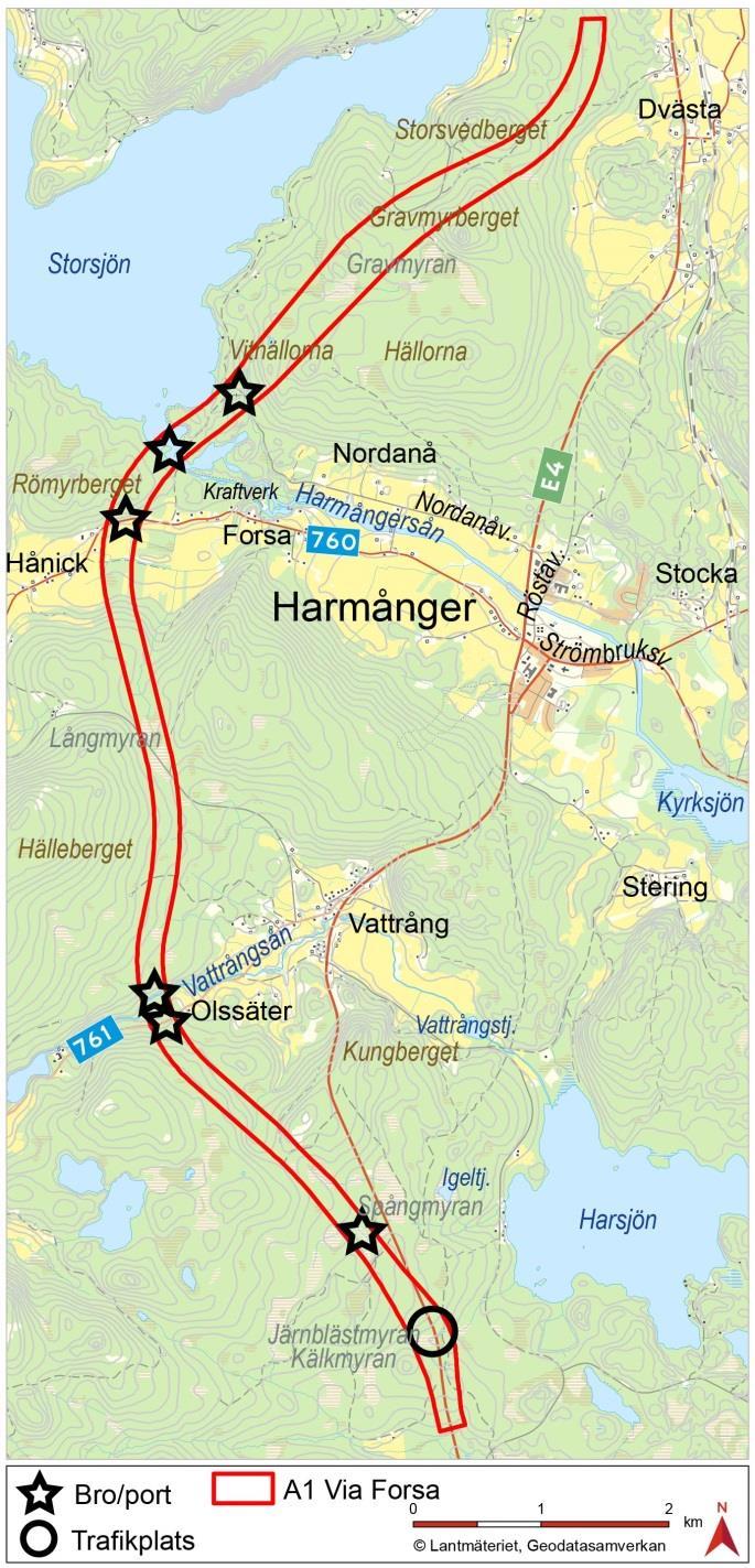 Korridoralternativ A1, via Forsa Trafikplats där ny E4 viker av västerut från befintlig E4 Passerar utanför skyddsområdet för Harmångers