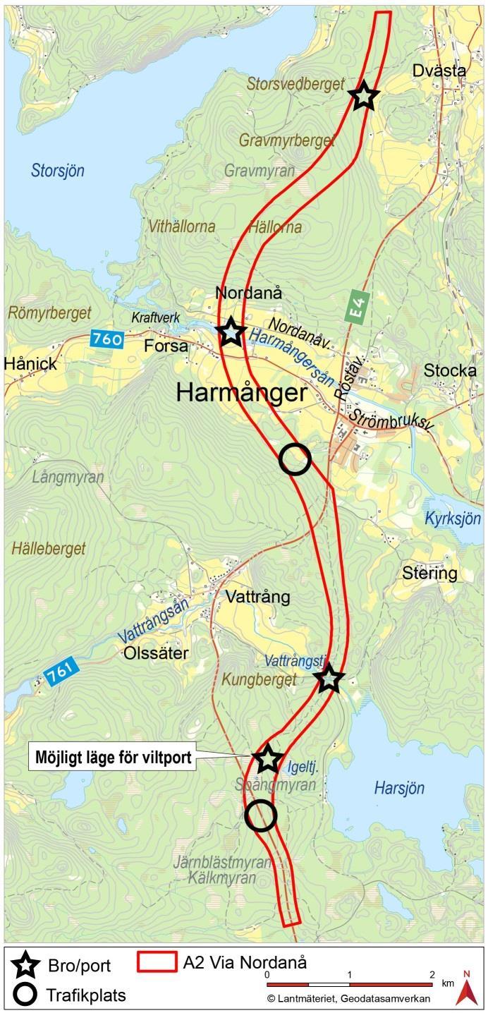 Korridoralternativ A2, via Nordanå Trafikplats där ny E4 viker av österut från befintlig E4 Trafikplats söder om Harmånger, utanför