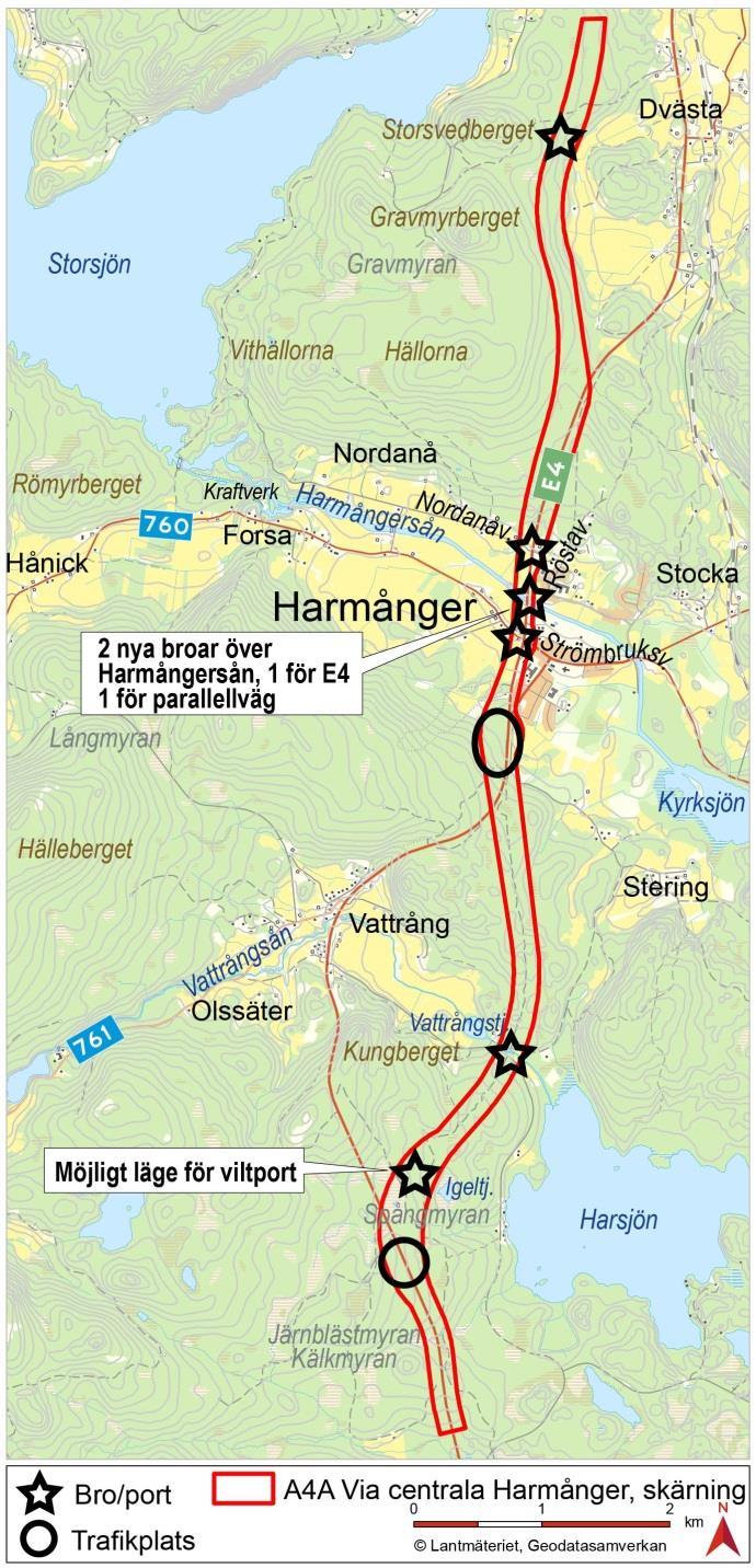 Korridoralternativ A4A, via centrala Harmånger, skärning Trafikplats där ny E4 viker av österut från befintlig E4 Trafikplats söder om Harmånger, utanför vattenskyddsområdet Ny E4 passerar Harmånger