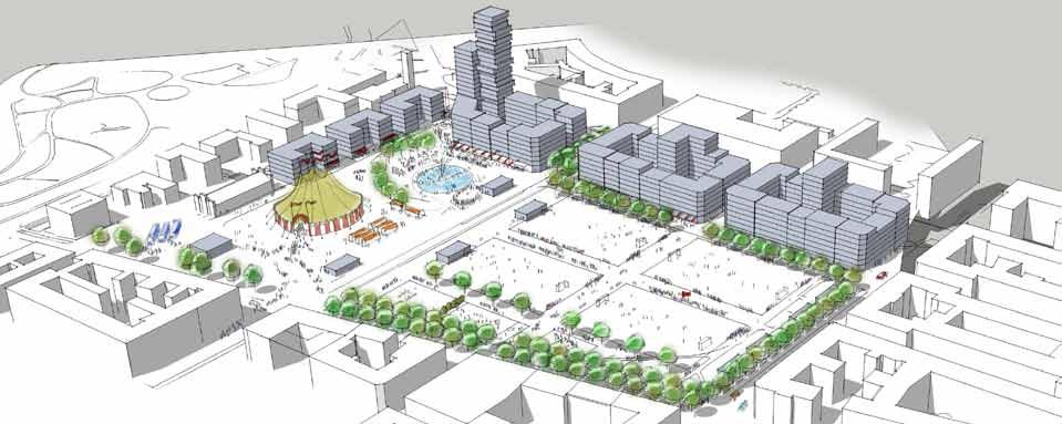 INRIKTNING Skiss nya Heden, fågelperspektiv mot nordost. Bild : SBK/Tengbom arkitekter. offentlig byggnad, exempelvis bad, konsthall, konsert-/idrottshall eller kulturhus.