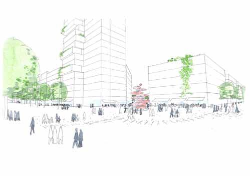 INRIKTNING A Höga hus kan finnas på nya Heden. Bild Wingårdhs. B Skiss ny entré mot Gamla Ullevi i hörnet mitt emot katolska kyrkan. Sett mot söder. Bild : SBK/Tengbom arkitekter.