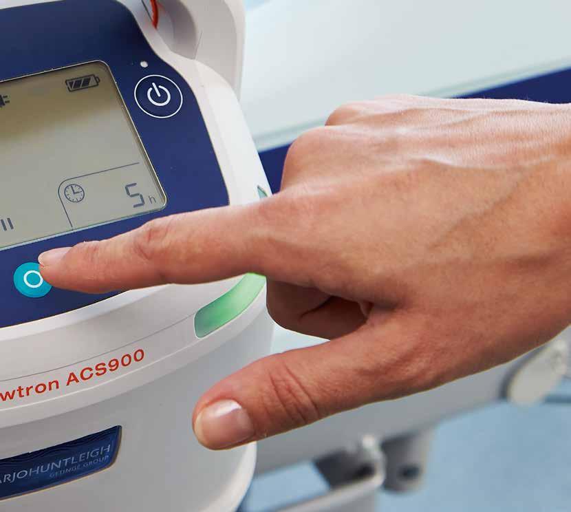 Start-/stoppknapp med aktiv tryckning Pumpen till Flowtron ACS900- systemet för aktiv kompression kräver aktiv tryckning på start-/ stoppknappen för att behandlingen ska påbörjas eller avbrytas.
