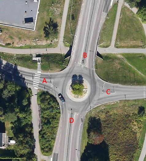TRAFIKUTREDNING SKARPÄNGS CENTRUM 15 2.3.4 Cirkulationsplats Täbyvägen-Rösjövägen Figur 4. Korsning Täbyvägen-Rösjövägen.