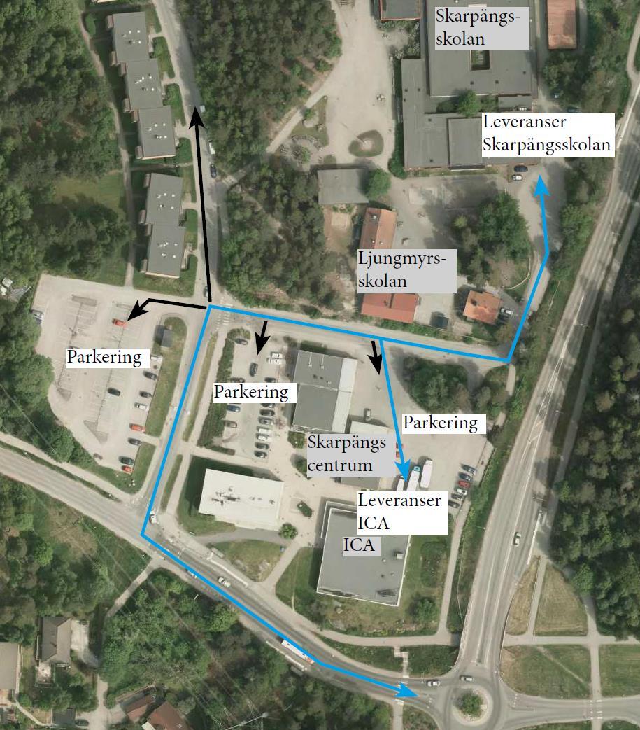TRAFIKUTREDNING SKARPÄNGS CENTRUM 21 Figur 7. Leveransvägar till ICA och Skarpängsskolan (blåa linjer) samt in/utfarter till parkeringsplatser i området (svarta linjer).
