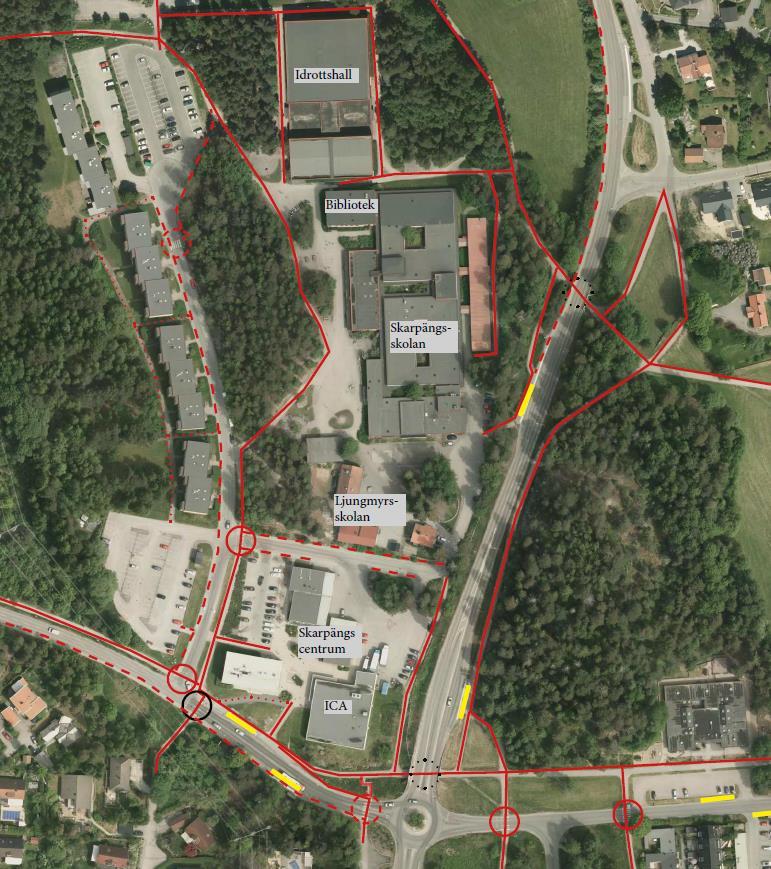 40 TRAFIKUTREDNING SKARPÄNGS CENTRUM Figur 19. Gång- och cykelnätet i och omkring Skarpängs centrum, detaljbild. Röd heldragen linje anger gång- och cykelbana. Röd streckad linje anger gångbana.