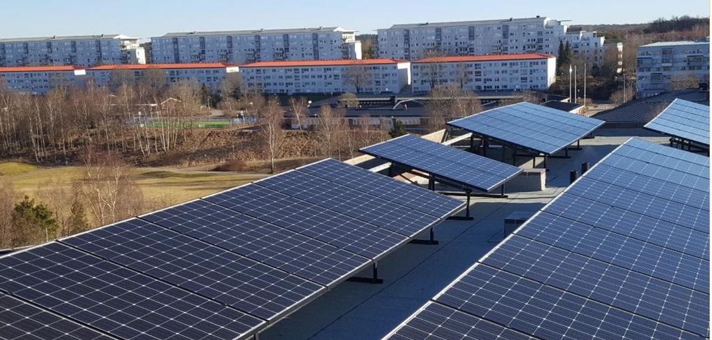 Hur kan man utnyttja solel i ett typiskt äldre bostadsområde? Att dimensionera solcellsanläggningar för den totala användningen ger bäst förutsättningar för en hög soltäckningsgrad.