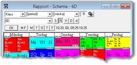 Referensdel - Rapport 3.5 121 Rapport 3.5.1 Schema Det grafiska schemat används vid schemaläggning och bearbetning av innehållet i lektioner. Välj Rapport - Schema.
