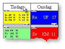 124 Skola24 Schema Placera lektion 184 Tryck ned Alt-tangenten och klicka på en lektion för att placera den automatiskt. 3.5.1.4. Markera lektioner Klicka på lektion Vanlig vänsterklick på en lektion markerar lektionen och visar samtidigt lediga positioner.