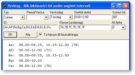 136 3.6.2.1. Skola24 Schema Exempel 1: Sök lektionsfri lärare Vilka lärare är lektionsfria minst 60 minuter mellan 8.00 och 12.00 på torsdagar?