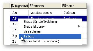 Grunder - Tabeller 9 Klicka med höger musknapp på raden och välj Ta bort. Programmet kontrollerar om raden kan tas bort. Det går till exempel inte att ta bort en lärare som lektioner refererar till.