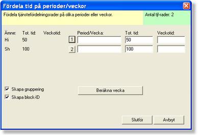 Referensdel - Snabbmenyer 181 Exempel: Den totala tiden är 50 timmar och undervisningen ska äga rum veckorna 10-23. Under dessa veckor finns det 66 dagar som tillhör läsåret.