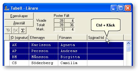 Grunder - Tabeller 13 Håll ned Ctrl-tangenten och klicka på önskat fältnamn. Ange nytt värde i fältet Ersätt med. Om rutan lämnas tom kommer kolumnen att tömmas för de markerade raderna.