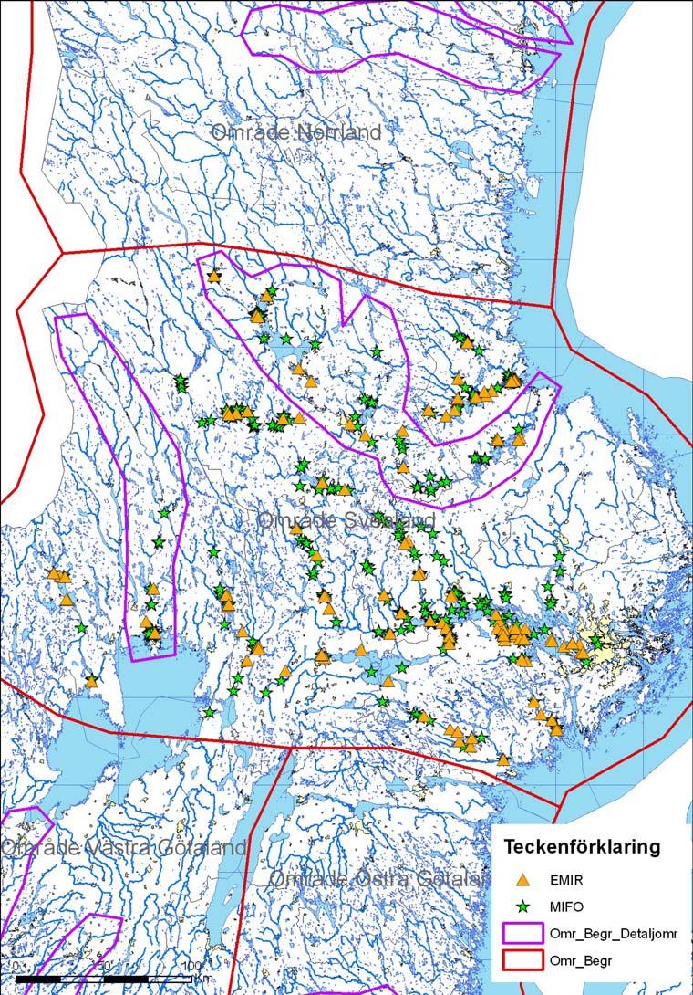Område Svealand I Figur 11 redovisas pågående verksamheter (EMIR) samt potentiellt förorenade områden (MIFO) inom r100 områden i Svealand enligt Räddningsverket samt baserat på tillgänglig inforation