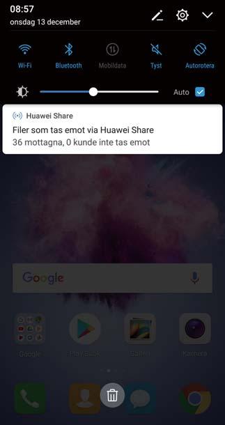 Enhetsanslutning Huawei Share Använda Huawei Share för att skicka filer: Markera den fil du vill dela och peka på Dela.