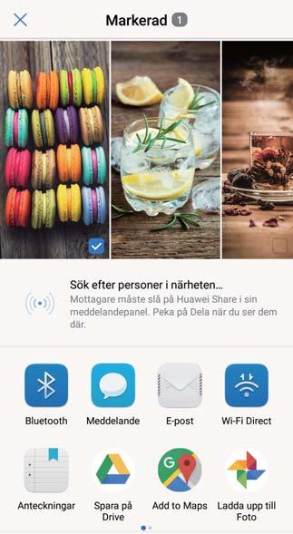 Använda Huawei Share för att ta emot filer: Svep nedåt från statusfältet, öppna genvägspanelen och peka sedan på för