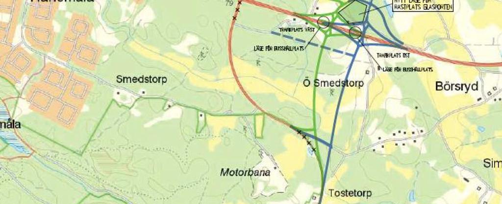 för rastplats Glasporten. Denna framtida koppling föreslås likt indikerat i analysen att anslutas till Tegelvägen. Befintlig korsning mellan väg 25 och Mineralvägen stängs då.
