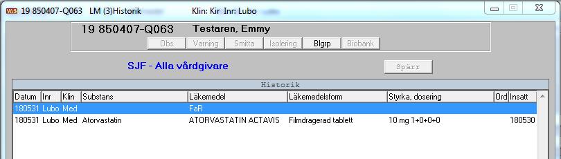 Menyval Hist Menyvalet har två undermenyval. Läkemedel/FaR/Hist visar lista på läkemedel där man brutit signering eller recept som är borttagna från listan.