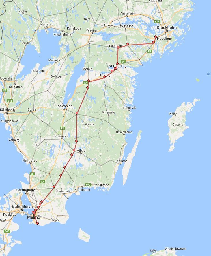 Figur 6.2 OD-relation nummer 200 i storleksordning, mellan Huddinge och Trelleborg. 123 tåg per år efter justering med RCM (eller SUBGRAD), 953 efter Standardlogistikmodulen. Resultaten i Figur 6.