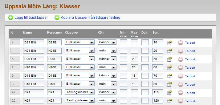 På denna sida kan uppgifter för klasserna administreras. För att lägga till en basklass, klicka på Lägg till basklasser (du kommer då tillbaka till dialogen för att lägga till basklasser).