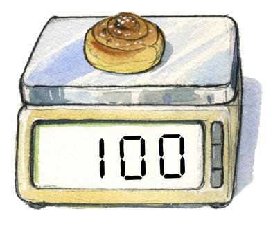 4. a) Kanelbullen på de båda vågarna väger