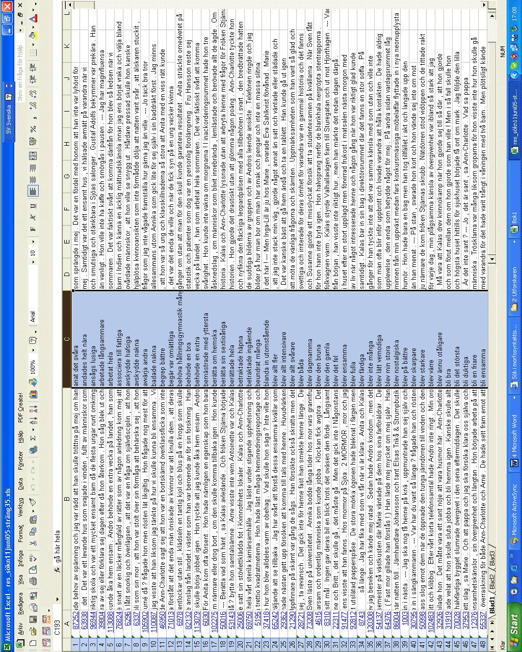 APPENDIX 2 63 APPENDIX 2: Sökning hanterad i Excel Nedanstående bild visar en skärmdump av den sökning som använts som exempel på hur en sökning i parole går till.