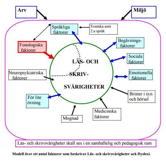 Figur 2. Modell över ett antal faktorer som beskriver läs- och skrivsvårigheter och Dyslexi.