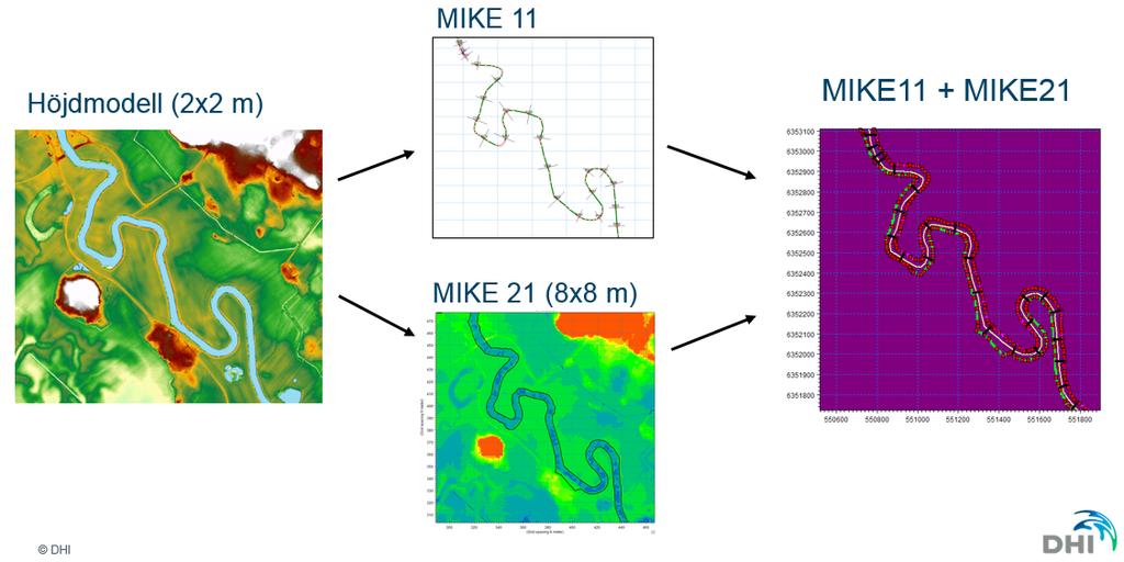 Med utgångspunkt från höjdmodellen skapas först en detaljerad MIKE 11-modell med högupplöst stomlinje och tätare sektionsindelning jämfört med ursprunglig MIKE 11-modell (bottenprofilen i åfåran är