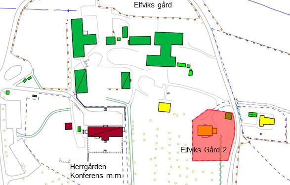 7 (16) Fastigheten Elfviks Gård 2 är rödmarkerad. Rakt väster ut ligger den gamla huvudbyggnaden (Herrgården)som nu används för konferensverksamhet.